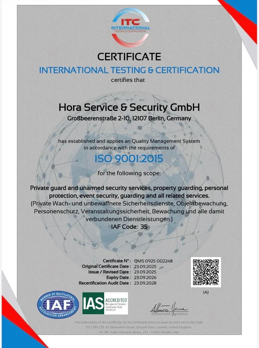 ISO 9001:2015 Zertifikat — Hora Service & Security GmbH